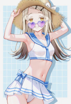 1girl armpits bikini bikini_skirt blonde_hair blue_neckerchief blue_sailor_collar collarbone commentary_request gakuen_idolmaster hair_ornament hairclip hat heart heart-shaped_eyewear highres idolmaster long_hair looking_at_viewer navel neckerchief orange_eyes purple-tinted_eyewear sailor_bikini sailor_collar sailor_swimsuit_(idolmaster) shinosawa_hiro smile solo stomach straw_hat sun_hat sunglasses swimsuit tinted_eyewear wds666 white_bikini