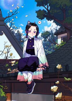 Rule 34 | 1girl, artist name, belt, black hair, butterfly hair ornament, cesar art456, closed mouth, day, hair ornament, haori, heart, highres, japanese clothes, kimetsu no yaiba, kochou shinobu, looking at viewer, multicolored hair, outdoors, parted bangs, print haori, purple eyes, purple hair, sitting, sky, smile, solo, spoken heart, tabi, two-tone hair, waraji, white belt
