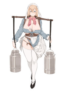 1girl apron areola_slip blonde_hair blue_dress blue_eyes breasts canister cleavage closed_mouth commentary dress english_commentary full_body headscarf highres large_breasts long_hair long_sleeves looking_at_viewer maid maid_apron original pink_scarf scarf simple_background solo standing throtem waist_apron white_background white_headscarf