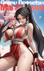 Rule 34 | 1girl, alternate hair color, artist request, bare shoulders, black hair, breasts, brown eyes, cleavage, collarbone, fatal fury, female focus, hand fan, highres, holding, holding fan, kunoichi, large breasts, long hair, looking at viewer, open mouth, outdoors, revealing clothes, shiranui mai, sidelocks, smile, snk, solo, the king of fighters, thighs, tongue, tongue out