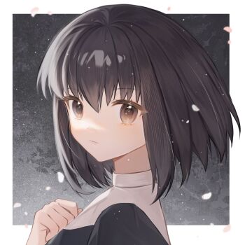 1girl black_background black_dress black_eyes black_hair border closed_mouth commentary_request dress expressionless floating_hair habit hair_between_eyes hand_on_own_chest highres kuonji_alice looking_at_viewer mahou_tsukai_no_yoru ocgiufl4whnc6n9 outside_border petals short_hair simple_background solo white_border