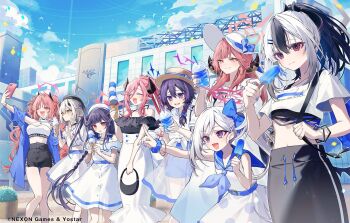 6+girls aru_(blue_archive) black_hair blue_archive blue_bow blush bow breasts closed_eyes closed_mouth commentary_request copyright_notice cup demon_horns disposable_cup double_bun dress drinking_straw food fuuka_(blue_archive) hair_between_eyes hair_bow hair_bun hair_on_horn hair_ornament hairclip halo haruka_(blue_archive) hat holding holding_cup holding_food holding_popsicle horns juri_(blue_archive) kayoko_(blue_archive) kirara_(blue_archive) large_breasts long_hair medium_breasts multicolored_hair multiple_girls mutsuki_(blue_archive) open_mouth oshioshio outdoors pink_hair pointy_ears popsicle purple_eyes purple_hair red_eyes sena_(blue_archive) shirt short_sleeves side_ponytail skirt smile twintails two-tone_hair white_dress white_hair white_hat white_shirt white_skirt yellow_eyes