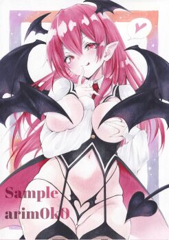 1girl arim0k0 arm_between_breasts artist_name bat_wings between_breasts black_panties black_thighhighs black_vest blush breasts cameltoe commentary cowboy_shot demon_girl demon_tail garter_straps grabbing_own_breast halloween halloween_costume head_wings heart highres koakuma long_hair long_sleeves looking_at_viewer marker_(medium) multiple_wings navel panties pointy_ears red_eyes red_hair sample_watermark skindentation solo spoken_heart tail thighhighs tongue tongue_out touhou traditional_media underwear vest watermark wing_censor wings