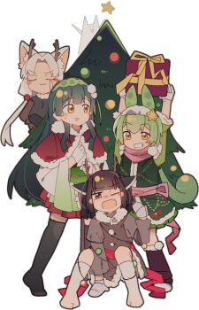 4girls ahoge alternate_costume animal_costume animal_ear_fluff animal_ears antlers arms_up black_thighhighs blunt_bangs box brown_dress brown_hair capelet christmas christmas_ornaments christmas_tree christmas_tree_costume closed_mouth doyagao dress full_body fur-trimmed_capelet fur-trimmed_dress fur-trimmed_legwear fur_hairband fur_trim gift gift_box gloves gradient_clothes gradient_kimono green_dress green_hair green_hairband green_sash grin hair_ornament hairband hashtag-only_commentary headgear highres holding holding_box horns index_finger_raised japanese_clothes juliet_sleeves kimono kneehighs long_hair long_sleeves looking_at_another low-tied_sidelocks medium_hair mittens multiple_girls nimingduz obi one_eye_closed open_mouth parted_bangs pink_sash pink_scarf pom_pom_(clothes) pom_pom_hair_ornament puffy_sleeves red_capelet red_eyes red_sash red_skirt reindeer_antlers reindeer_costume santa_costume sash scarf sidelocks simple_background sitting skirt smile smug socks standing star_hairband sweatdrop tabi thighhighs touhoku_itako touhoku_kiritan touhoku_zunko twintails voiceroid white_background white_gloves white_hair wide_sleeves yellow_eyes zundamon