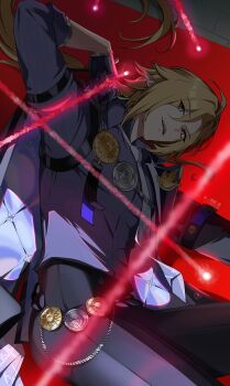 Rule 34 | 1boy, absurdres, black gloves, black pants, blonde hair, blue eyes, blue shirt, chest harness, collared shirt, commentary, english commentary, gloves, harness, heterochromia, highres, hugo vlad, lkari shi, long hair, male focus, pants, pointy ears, red eyes, shirt, solo, very long hair, wing collar, zenless zone zero