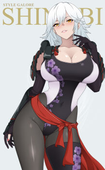 1girl armor black_gloves black_pantyhose breasts cleavage cover covered_navel elbow_gloves english_text fake_magazine_cover gloves hair_between_eyes highres indy_k large_breasts leotard long_hair looking_at_viewer magazine_cover original pantyhose partially_fingerless_gloves sarong shoulder_armor single_arm_guard single_thighhigh solo standing thighhighs white_hair yellow_eyes