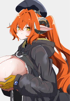 1girl absurdres alternate_breast_size_(larger) beret blush breasts caseee999 closed_mouth commentary_request dragon_girl dragon_horns gloves grabbing_own_breast green_eyes hat highres hood hoodie horns large_breasts open_clothes open_hoodie orange_hair orphie_magnusson pointy_ears solo white_background yellow_gloves zenless_zone_zero