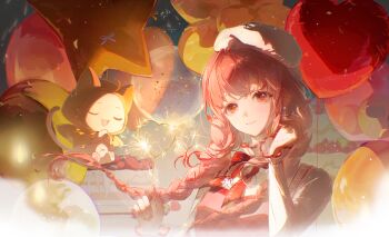 Rule 34 | 1girl, 1other, absurdres, animal ears, balloon, beret, blunt bangs, bow, bowtie, braid, cat, cat ears, cloak, closed mouth, earrings, eyelashes, fingernails, fireworks, floating hair, hat, heart balloon, highres, holding, holding fireworks, hood, hood up, jewelry, lips, long hair, long sleeves, looking at viewer, momo (nikki), nikki (series), pink eyes, pink hair, red bow, red bowtie, shuise shuilian, smile, sparkler, star balloon, tail, upper body, white hat, yellow cloak