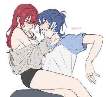 Rule 34 | 2girls, black skirt, blue hair, blue sky, camisole, closed mouth, commentary, earrings, gumatobi26, hand on another's face, heart, heterochromia, highres, hiodoshi ao, hololive, hololive dev is, houshou marine, jewelry, long hair, multiple girls, necklace, off shoulder, open mouth, ponytail, red eyes, red hair, short ponytail, simple background, sitting, sitting on lap, sitting on person, skirt, sky, stud earrings, symbol-only commentary, twitter username, virtual youtuber, white background, white camisole, yellow eyes, yuri