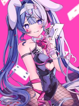 1girl :q animal_ears arm_strap black_leotard black_ribbon blue_eyes blue_hair blush bow bowtie bright_pupils card center-flap_bangs clothing_cutout collarbone commentary cuffs detached_collar fishnet_pantyhose fishnets hair_between_eyes hair_ornament hair_ribbon hairband handcuffs hatsune_miku heart heart-shaped_pupils heart_cutout heart_hair_ornament highres holding holding_card leotard licking_lips long_hair looking_at_viewer nail_polish pantyhose pink_background pink_bow pink_bowtie pink_nails pink_ribbon playboy_bunny playing_card rabbit_ears rabbit_hole_(vocaloid) ribbon shoulder_strap symbol-shaped_pupils teardrop_facial_mark tongue tongue_out tsfl0017 twintails very_long_hair vocaloid white_hairband white_pupils wrist_ribbon x_hair_ornament
