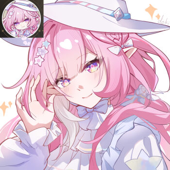 1girl absurdres artist_name commentary_request cyrene_(honkai:_star_rail) cyrene_(ripples_of_past_reverie)_(honkai:_star_rail) diamond-shaped_pupils diamond_(shape) dress hat highres honkai:_star_rail honkai_(series) long_hair looking_at_viewer lubeludlk multicolored_hair official_alternate_costume pink_hair pointy_ears purple_eyes reference_inset simple_background solo symbol-shaped_pupils two-tone_hair very_long_hair white_background white_dress white_hair white_hat