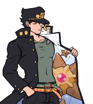 Rule 34 | 1boy, belt, black coat, black hair, black hat, character print, cigarette, closed eyes, coat, earrings, gakuran, gen 1 pokemon, hand in pocket, hat, highres, jewelry, jojo no kimyou na bouken, kabutom ue shi, kuujou joutarou, long coat, male focus, nintendo, open clothes, open coat, pokemon, school uniform, smoking, solo, stardust crusaders, staryu, stud earrings, upper body
