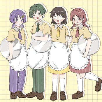 4girls apron braid brown_hair brown_shoes cha_(ntrikti) contrast_collar drop_shadow employee_uniform frilled_apron frills fujii_ayame full_body futsuu_no_keion-bu green_necktie green_pants grid_background hair_ornament hairclip hatono_chihiro heartbreak_(futsuu_no_keion-bu) highres holding_apron kouyama_rin loafers looking_at_viewer multiple_girls necktie official_alternate_costume pants puffy_short_sleeves puffy_sleeves purple_eyes purple_hair purple_necktie purple_pants red_eyes red_hair red_necktie red_pants shoes short_hair short_sleeves short_twintails skirt socks standing striped_clothes striped_collar striped_pants striped_skirt twin_braids twintails uchida_momo vertical-striped_clothes vertical-striped_pants vertical-striped_skirt waist_apron waitress white_apron white_socks yellow_necktie yellow_skirt