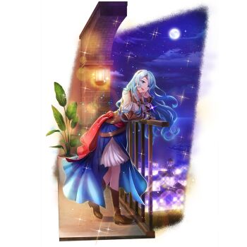 1girl :d against_railing ankle_boots armor armored_boots artist_request bangle bare_shoulders blue_eyes blue_gemstone blue_hair blue_sarong boots bracelet braid braided_ponytail breasts brown_boots cityscape closed_mouth clothing_cutout collared_shirt dress from_side full_body full_moon game_cg gem glint gradient_sarong green_gemstone hair_tubes hands_on_own_stomach high_collar indoors island jewelry lantern leaning_forward leather_armor leg_up light_particles long_hair long_sleeves looking_at_viewer looking_to_the_side medium_breasts metal_hair_tubes moon night night_sky ocean official_art open_mouth own_hands_together plant plant_request pleated_dress potted_plant purple_gemstone railing red_sash sarong sash shirt short_dress shoulder_cutout side_ponytail simple_background single_hair_tube sky smile solo sparkle standing standing_on_one_leg star_(sky) starry_sky tate_no_yuusha_no_nariagari tate_no_yuusha_no_nariagari_rerise therese_alexanderite transparent_background vambraces white_dress wristband yellow_gemstone