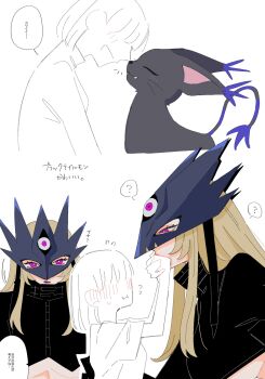 2girls beelstarmon black_coat black_pants blacktailmon blonde_hair blush breasts coat covering_own_mouth cropped_shirt digimon digimon_(creature) evolutionary_line eye_mask highres large_breasts long_hair mask multiple_girls muscular muscular_female pants profile purple_eyes third_eye underboob zattaaka770