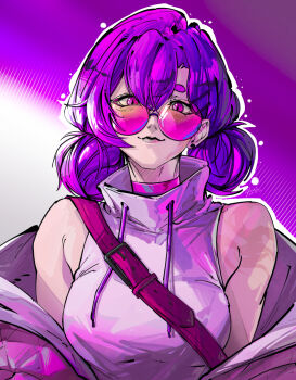 belt choker gradient_background highres indie_virtual_youtuber nico_artt outline pink-tinted_eyewear pink_belt pink_choker pink_eyes pink_hair round_eyewear simple_background sleeveless sleeveless_sweater sweater tinted_eyewear virtual_youtuber white_outline