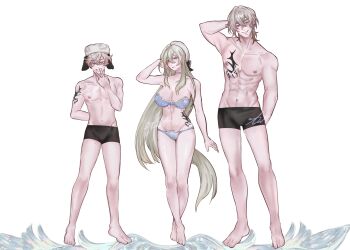 1girl 2boys abs arm_behind_back arm_behind_head beret black_male_underwear blonde_hair blue_bra blue_choker blue_panties boxer_briefs bra breasts chest_tattoo choker cleavage commentary_request grin hat highres hip_tattoo jinaim large_breasts long_hair male_underwear mole mole_under_mouth multiple_boys original panties purple_eyes shoulder_tattoo signature smile tattoo thai_commentary thick_eyebrows toned toned_male underwear ushanka v very_long_hair white_hat