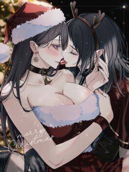 2girls antlers bang_dream! bang_dream!_it's_mygo!!!!! bare_shoulders bell black_choker black_hair blackfangs breasts choker christmas cleavage closed_eyes closed_mouth commentary dress earrings english_text food hat highres horns jewelry large_breasts long_hair macaron merry_christmas mouth_hold multiple_girls neck_bell purple_eyes red_dress red_hat reindeer_antlers santa_costume santa_dress santa_hat shiina_taki snowflake_earrings symbol-only_commentary yahata_umiri yuri
