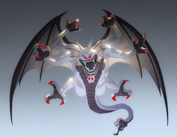 Rule 34 | claws, commentary request, dragon quest, dragon quest ii, full body, gradient background, grey background, highres, jewelry, looking at viewer, monster, necklace, no humans, open mouth, red eyes, shiratsuyu mone, sidoh, skull necklace, snake head tail, tail