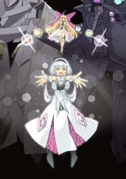 Rule 34 | 2girls, alice margatroid, alternate costume, alternate hair color, arnest, ascot, black ascot, black bow, black bowtie, black hairband, book, bow, bowtie, breasts, commentary request, commission, doll joints, dress, earrings, full body, grey hair, hair bow, hairband, highres, incoming attack, jewelry, joints, key, key necklace, large breasts, looking at viewer, mecha, multiple girls, necklace, pink bow, powering up, robot, see-through clothes, shanghai doll, skeb commission, touhou, white dress, yellow eyes