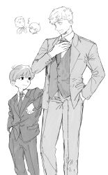 Rule 34 | 2boys, chibi, chibi inset, chilchuck tims, collared jacket, collared shirt, commentary request, dungeon meshi, elbowing, feet out of frame, formal, greyscale, hand in pocket, hand on own chest, height difference, highres, jacket, laios touden, long sleeves, looking at another, male focus, monochrome, multiple boys, necktie, open mouth, pants, shirt, short hair, simple background, standing, suit, very short hair, vest, white background, zarame pfpf