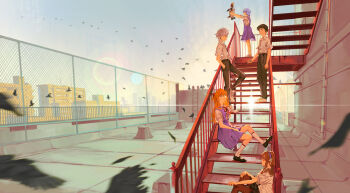2boys 3girls absurdres animal arm_at_side arms_at_sides ayanami_rei bird black_shoes blue_eyes blue_sky brown_hair brown_pants brown_pantyhose chain-link_fence cityscape closed_mouth commentary digital_media_player dlis dress earphones english_commentary evangelion:_2.0_you_can_(not)_advance expressionless fence flock glasses grey_hair grey_shirt grey_shorts grey_skirt grey_socks hairband hand_in_pocket hands_up highres holding holding_animal holding_bird holding_digital_media_player ikari_shinji kneehighs ladder lens_flare listening_to_music long_hair makinami_mari_illustrious mary_janes medium_dress motion_blur multiple_boys multiple_girls nagisa_kaworu neck_ribbon neon_genesis_evangelion orange_hair outdoors outstretched_arms pants pantyhose parted_lips penpen plaid_clothes plaid_skirt pleated_dress purple_dress purple_hair purple_hairband rebuild_of_evangelion red_ribbon ribbon rooftop school_uniform shirt shirt_tucked_in shoes short_hair short_sleeves shorts sitting sitting_on_stairs skirt sky slice_of_life socks souryuu_asuka_langley stairs standing sun sunset very_short_hair