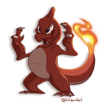 blue_eyes charmeleon claws fire flame-tipped_tail full_body gen_1_pokemon highres nintendo nostrils open_mouth pokemon pokemon_(creature) sharp_teeth simple_background tail teeth thatgharialgirl twitter_username white_background