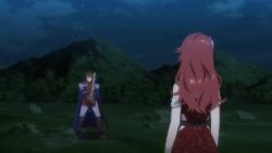 1boy 1girl animated breasts cleavage flower hair_flower hair_ornament highres large_breasts long_hair lucrezia_(unnamed_memory) oscar_(unnamed_memory) red_hair stretching sword tagme unnamed_memory video weapon