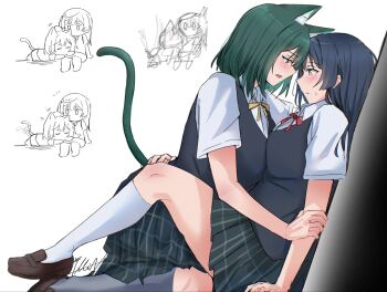 2girls animal_ears black_hair black_vest blush bow breasts brown_shoes cat_ears cat_tail closed_eyes closed_mouth collared_shirt commentary_request eye_contact fang grey_eyes grey_hair grey_socks hand_on_another's_arm hand_on_another's_back headpat highres kemonomimi_mode kneehighs large_breasts loafers long_hair looking_at_another love_live! love_live!_nijigasaki_high_school_idol_club mifune_shioriko multiple_girls open_mouth plaid_clothes plaid_skirt red_bow red_eyes shirt shoes short_hair short_sleeves simple_background sketch skirt socks sweatdrop tail tail_wagging vest washiemma1 white_background white_shirt yellow_bow yuki_setsuna yuri