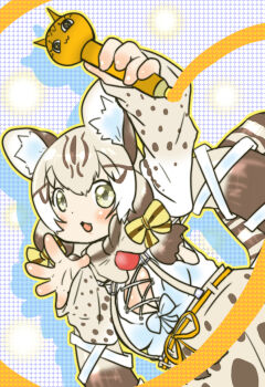 1girl animal_ears bow bowtie breasts cat_ears cat_girl cat_tail cleavage extra_ears fuuryuu_(kazamaryusuke) geoffroy&#039;s_cat_(kemono_friends) green_eyes grey_hair highres kemono_friends kemono_friends_v_project large_breasts long_hair looking_at_viewer microphone ribbon shirt simple_background skirt solo suspenders tail twintails virtual_youtuber