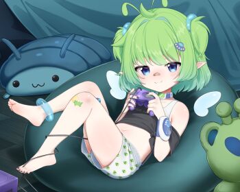 absurdres alien_print bandaid bandaid_on_face bandaid_on_nose barefoot black_nails blue_eyes blush closed_mouth commentary commission controller ferumi_kaipa flat_chest full_body game_console game_controller gamecube gamecube_controller goki_buri green_hair highres holding holding_controller holding_game_controller indie_virtual_youtuber looking_at_viewer medium_hair nail_polish navel pointy_ears shorts toenail_polish toenails toes two_side_up ufo_hair_ornament virtual_youtuber white_shorts