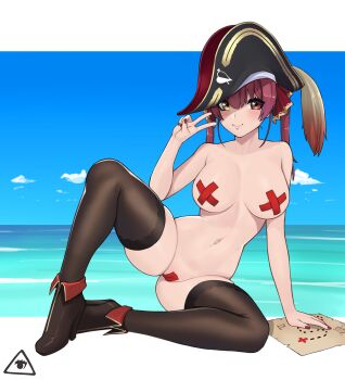 1girl ankle_boots artist_logo bandaid bandaids_on_nipples beach bicorne black_boots black_thighhighs blue_sky blush boots breasts cameltoe cross cross_pasties day donburi_(donburikazoku) female_focus full_body hair_between_eyes hair_ribbon hat heterochromia high_heel_boots high_heels highres hololive houshou_marine houshou_marine_(1st_costume) large_breasts lips logo looking_at_viewer maebari map nail_polish navel no_eyepatch nude ocean orange_eyes pasties pirate_hat purple_nails red_hair red_ribbon ribbon skindentation sky smile solo spread_legs tape tape_maebari tape_on_nipples thighhighs twintails v virtual_youtuber yellow_eyes