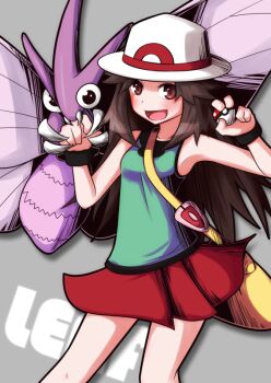 Rule 34 | 1girl, aqua shirt, bag, blush, bracelet, brown eyes, brown hair, bug, character name, commentary request, gen 1 pokemon, grey background, guriko (mossari), handbag, hat, holding, holding poke ball, jewelry, leaf (pokemon), long hair, mandibles, nintendo, open mouth, poke ball, poke ball (basic), pokemon, pokemon (creature), pokemon frlg, red skirt, shirt, simple background, skirt, sleeveless, sleeveless shirt, smile, venomoth, vs seeker, white hat, yellow bag
