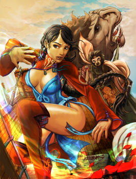 1girl black_hair blue_eyes boots breasts chinese_clothes dark_skin earrings exalted exalted_rpg highres jewelry knee_boots lips monkey paulo_barrios sash short_hair varyka_ulzun wooden_floor