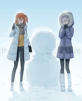 2girls absurdres bare_tree belt black-framed_eyewear black_bag black_belt black_gloves black_pants blue_sky blush boots closed_eyes coat day fate/grand_order fate_(series) fgo_gwa fujimaru_ritsuka_(female) full_body fur-trimmed_hood fur_trim glasses gloves grey_scarf hair_between_eyes hair_ornament hair_over_one_eye hand_in_pocket hand_up hands_up highres hood hooded_coat lapels long_sleeves mash_kyrielight multiple_girls open_clothes open_coat open_mouth orange_hair outdoors pants plaid_clothes plaid_scarf pocket puffy_long_sleeves puffy_sleeves purple_coat purple_hair scarf shirt shoes short_hair side_ponytail sky smile snow snowman standing tree white_boots white_coat white_shoes winter yellow_shirt