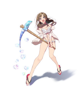 1girl :d absurdres bare_legs bikini brown_hair commentary_request female_focus flip-flops full_body gem heart highres holding holding_pickaxe hood hoodie jacket long_hair looking_at_viewer mature_female minecraft minecraft_pickaxe off_shoulder oosuki_mamako open_clothes open_jacket open_mouth pickaxe pochi_(pochi-goya) sandals simple_background smile solo striped_bikini striped_clothes swimsuit tsuujou_kougeki_ga_zentai_kougeki_de_ni-kai_kougeki_no_okaasan_wa_suki_desu_ka? vertical-striped_bikini vertical-striped_clothes white_background