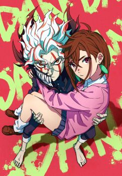 1boy 1girl arm_around_back arms_around_neck ayase_momo barefoot black_jacket black_pants blue_skirt bow bowtie brown_hair brown_shoes carrying collared_shirt commentary_request copyright_name crossed_bangs dandadan earrings facial_mark from_above full_body furrowed_brow glasses hair_between_eyes highres jacket jewelry loafers looking_at_viewer loose_socks medium_hair mele_ck multicolored_hair pants pants_rolled_up parted_bangs pink_eyes pink_sweater pleated_skirt princess_carry red_bow red_bowtie red_eyes red_hair round_eyewear shirt shirt_under_sweater shoes short_hair skirt socks streaked_hair sweater takakura_ken_(dandadan) takakura_ken_(transformed)_(dandadan) teeth wavy_hair white_hair white_shirt white_socks