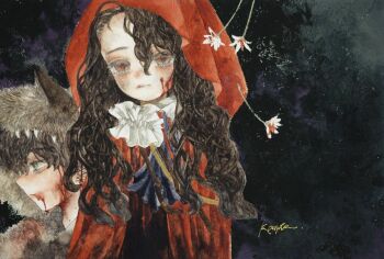 Rule 34 | 1boy, 1girl, acrylic paint (medium), animal costume, asymmetrical bangs, black hair, blood, blood from mouth, cape, commentary request, dark background, expressionless, flower, karintoun, long hair, looking at viewer, original, painting (medium), pale skin, portrait, red cape, red eyes, sad, signature, traditional media, watercolor (medium), wavy hair, wolf, wolf costume