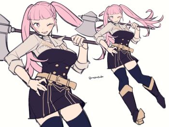1girl artist_name axe belt belt_buckle blunt_bangs boots breasts buckle do_m_kaeru fire_emblem fire_emblem:_three_houses full_body hand_on_own_hip hilda_valentine_goneril holding holding_axe medium_breasts multiple_views nintendo one_eye_closed open_mouth pink_eyes pink_hair simple_background teeth thighhighs thighs tongue twintails twitter_username watermark white_background zettai_ryouiki