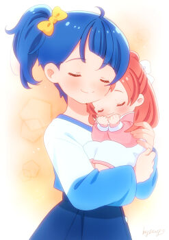 Rule 34 | 2girls, aged down, ahoge, artist name, asymmetrical bangs, baby, blue hair, blue shirt, blue skirt, blush, bow, button up skirt, carrying, child carry, clenched hands, closed eyes, closed mouth, commentary, cut bangs, diagonal bangs, dress, facing another, fingernails, gradient background, hair bow, hair ornament, hands up, hirogaru sky! precure, kyanos (b 0000ff), long hair, long sleeves, multicolored dress, multicolored shirt, multiple girls, nijigaoka mashiro, orange background, pink dress, ponytail, precure, puffy long sleeves, puffy sleeves, shirt, side ponytail, signature, skirt, smile, sora harewataru, split mouth, two-tone dress, two-tone shirt, u u, upper body, v-neck, white background, white dress, white shirt, yellow bow