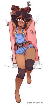 1girl armpits arms_up barefoot belt_pouch black_gloves black_hair blue_eyes blush breasts cleavage creeper_(tool) dakimakura_(medium) dark-skinned_female dark_skin female_focus full_body gloves gunsmith_cats highres knee_pads looking_at_viewer lying mechanic medium_breasts multicolored_gloves naked_overalls on_back overalls pouch rally_vincent red_gloves rtil short_hair sideboob solo tools wide_hips wrench