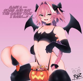 1boy absurdres ass astolfo_(fate) black_gloves black_socks black_thighhighs blush braid braided_ponytail choker covered_erect_nipples elbow_gloves english_text facing_viewer fang fate/apocrypha fate_(series) flaccid gloves gradient_background halloween highres male_focus matching_hair/eyes medium_penis panties panty_pull penis penis_in_panties pink_background pink_eyes pink_hair presenting pumpkin ryz_ryz simple_background skin_fang socks testicles thighhighs thighs thong trap underwear yaoi
