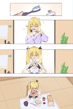 1girl alternate_costume alternate_hairstyle black_gloves blonde_hair bread bread_slice brushing_teeth coffee coffee_mug cup dokibird dokibird_(retro_doki) fingerless_gloves food gloves green_eyes hair_down hat highres holding holding_toothbrush indie_virtual_youtuber jam kitchen_knife knife long_hair mirror mug pajamas toothbrush toothbrush_in_mouth toothpaste twintails unworn_hat unworn_headwear virtual_youtuber yoruny