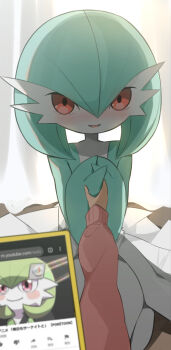 anime_screenshot_inset blush bob_cut cellphone colored_skin gardevoir gen_3_pokemon green_hair green_skin highres holding_hands multicolored_skin nintendo out_of_frame phone pink_eyes pokemon pokemon_(anime) pokemon_(creature) poketoon smartphone smile two-tone_skin white_skin yotsumoto_yuu