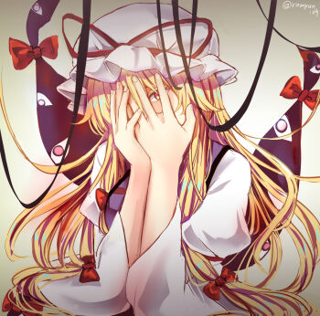 1girl black_ribbon blonde_hair bow commentary_request covering_own_face disembodied_eye dress gap_(touhou) hair_bow hat hat_ribbon highres long_sleeves mob_cap peeking_through_fingers purple_eyes purple_tabard ramudia_(lamyun) red_bow red_ribbon ribbon solo tabard touhou twitter_username upper_body white_dress white_hat yakumo_yukari