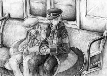2boys black_coat black_hat black_pants chair closed_eyes coat dress_shirt emmet_(pokemon) gloves graphite_(medium) grey_necktie hat hunched_over indoors ingo_(pokemon) loose_necktie male_focus max_michiko_fever military_hat multiple_boys necktie nintendo on_chair open_clothes open_coat own_hands_together pants pokemon pokemon_bw resting shirt side-by-side striped_coat traditional_media train train_interior white_coat white_gloves white_hair white_pants white_shirt window