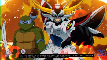 Rule 34 | 2boys, armor, blue eyes, crossover, fire, highres, leonardo (tmnt), looking at viewer, mask, multiple boys, ninja, yoroiden samurai troopers, samurai, sanada ryou, serious, sword, teenage mutant ninja turtles, teenage mutant ninja turtles (1987), turtle, weapon