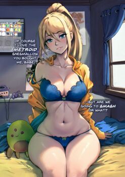 1girl bedroom blonde_hair blue_bra blue_eyes blue_panties bra breasts cameltoe cleavage collarbone commentary controller curtains english_commentary english_text game_console game_controller gamecube gamecube_controller high_ponytail highres jacket large_breasts legs_together long_hair metroid miss_faves mole mole_under_mouth navel nintendo orange_jacket panties parted_lips ponytail poster_(object) samus_aran solo stomach strap_slip stuffed_toy super_smash_bros. underwear wide_hips window
