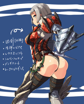 1girl arched_back armor arrow_(symbol) ass belt belt_pouch black_thighhighs blunt_bangs blush bob_cut breasts brown_eyes brute_tigrex_(armor) capcom deviljho_(armor) eyeshadow fantasy female_focus fishnets from_behind grey_hair large_breasts leotard looking_back makeup monster_hunter_(series) monster_hunter_portable_3rd nekomamire pouch rathalos_(armor) red_eyes short_hair silver_rathalos_(armor) solo standing studded_belt thigh_strap thighhighs tigrex_(armor) translation_request