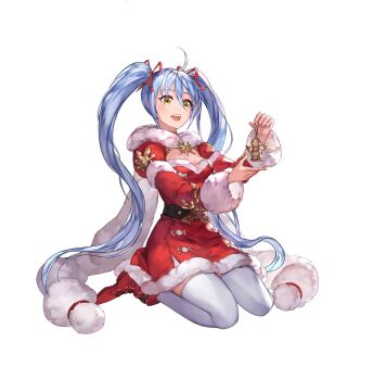 1girl ahoge artist_request belt black_belt blue_hair breasts buttons christmas christmas_ornaments cleavage cleavage_cutout clothing_cutout coat_dress commentary commentary_request dress english_commentary full_body fur_trim hair_ribbon highres holding_ornament juliet_sleeves king&#039;s_raid korean_commentary long_hair long_sleeves mixed-language_commentary official_alternate_costume official_art open_mouth puffy_sleeves red_dress red_ribbon red_shoes ribbon santa_costume santa_dress second-party_source shoes simple_background sitting small_breasts smile solo sonia_(king&#039;s_raid) thighhighs twintails very_long_hair wariza white_background white_fur white_thighhighs yellow_eyes